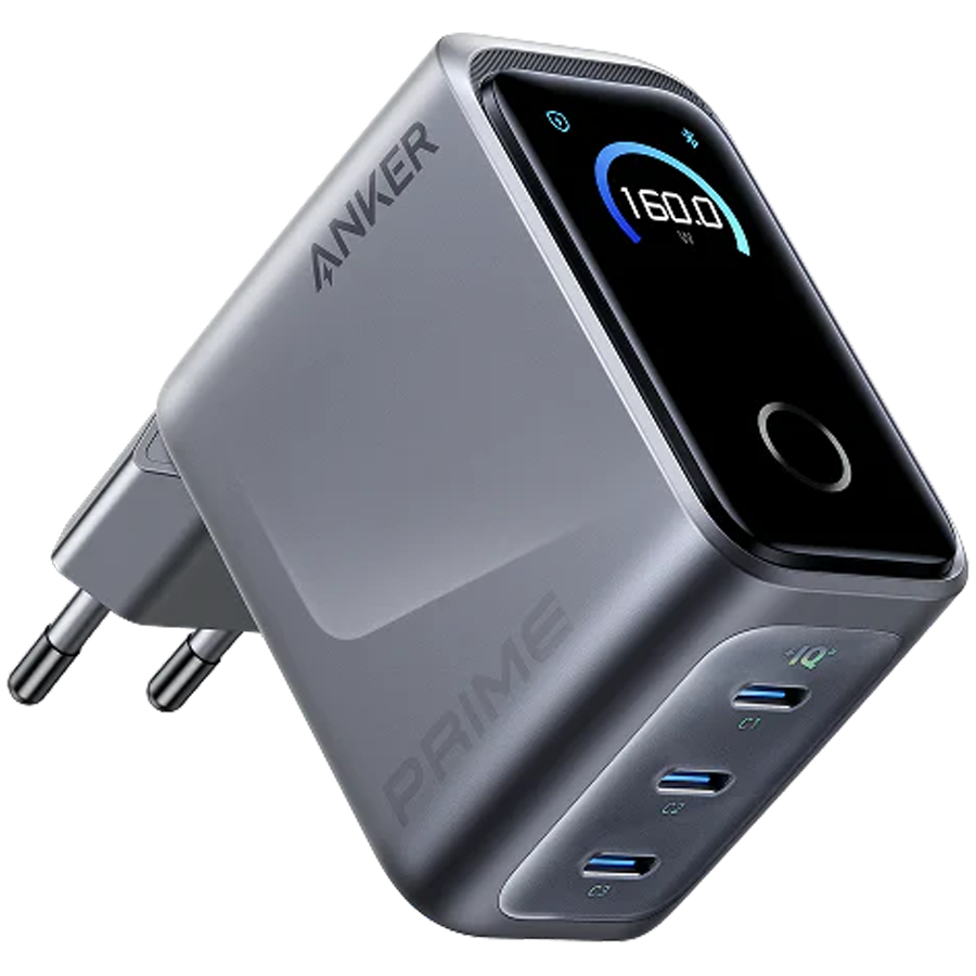 Punjač Anker Prime Charger (160W, 3 Ports, Smart Display) Silver A2687341